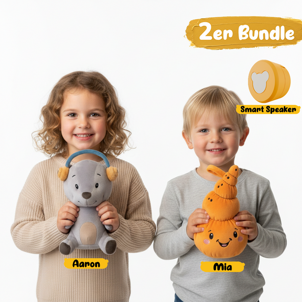 Lenabo Starter Kit 2er Bundle mit Lenabie Aaron (Bär) und Lenabie Mia (Muschel) sowie Lenabo Smart Speaker – smartes, modulares Audiosystem für Kinder von 0 bis 7+ Jahren, kompatibel mit allen Lenabies, ideal für Geschichten, Musik und altersgerechte Lerninhalte, per App steuerbar und flexibel erweiterbar.