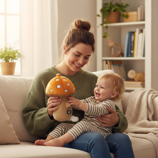 Mutter spielt mit Baby und Lenabie Felix (Pilz) auf dem Sofa – weiches Audio-Kuscheltier für Babys und Kleinkinder, kompatibel mit dem Lenabo Smart Speaker, ideal für erste Hör-Erlebnisse und gemeinsame Kuschelzeit