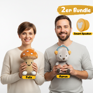 Lenabo Starter Kit 2er Bundle mit Lenabie Felix (Pilz) und Lenabie Aaron (Bär) sowie Lenabo Smart Speaker – modulares, erweiterbares Audiosystem und smartes Spielsystem für Kinder von 0 bis 7+ Jahren, ab Geburt nutzbar, kompatibel mit allen Lenabies, steuerbar per App für Geschichten, Musik und altersgerechte Lerninhalte.