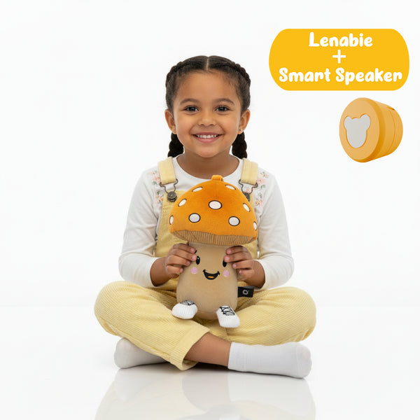 Lenabo Starter Kit mit Lenabie Felix (Pilz) und Lenabo Smart Speaker – Audio-Kuscheltier für Kinder ab 0 Jahren mit herausnehmbarem Lautsprecher, Starter Set mit vorinstallierten Hörspielen, Gute-Nacht-Geschichten, Weißem Rauschen und Lerninhalten, steuerbar über die Lenabo App
