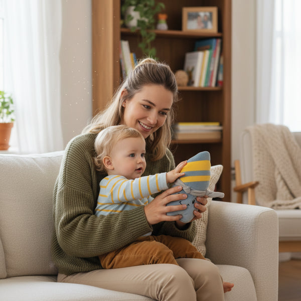 Lenabie Nalu (Surfboard) Kuscheltier im gemeinsamen Spielmoment – mitwachsender Audio- und Kuschelbegleiter für Babys und Kleinkinder, kombinierbar mit dem Lenabo Smart Speaker (0–7 Jahre)
