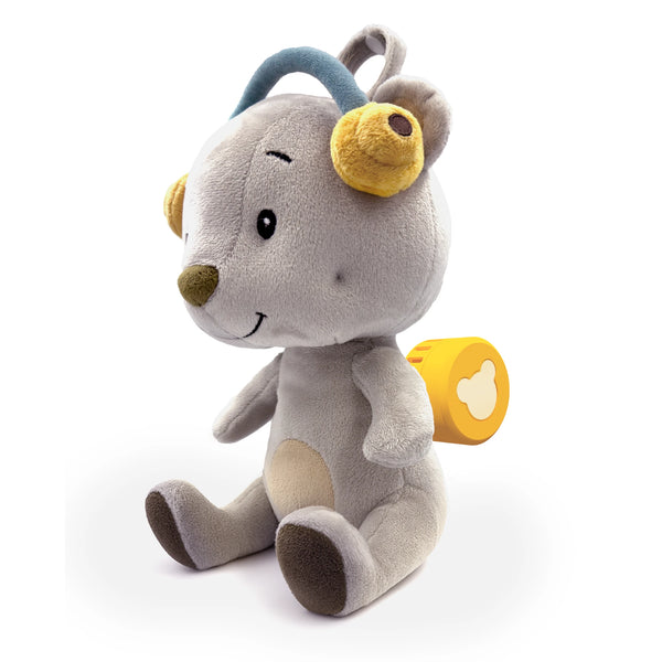 Lenabie Aaron (Bär) Seitenansicht mit herausnehmbarem Smart Speaker Modul – Audio-Kuscheltier für Babys und Kleinkinder ab 0 Jahren, grauer Bär mit flauschigen Ohrenschonern im Kopfhörer-Design, entnehmbares Audiomodul für Hörspiele, Gute-Nacht-Geschichten und Musik, waschbares Kuscheltier durch separates Smart Speaker Modul