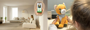 Lenabo Audioinhalte Banner mit App-Steuerung und Kind gespannt einem Lenabie lauschend – zeigt das vielfältige Audio Portfolio mit Geschichten, Hörspielen, Melodien und Lerninhalten für Kinder von 0 bis ins Schulalter, flexibel steuerbar über die Lenabo App, offline nutzbar und erweiterbar durch zusätzliche Audioinhalte im Lenabo Online Shop.