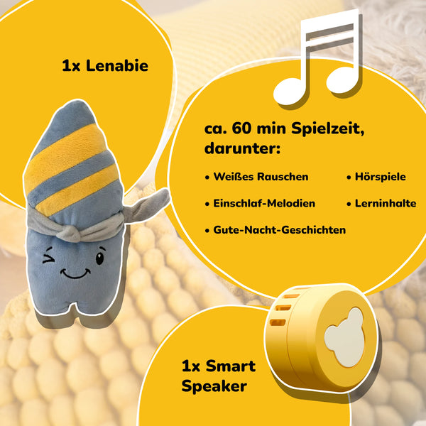 Lenabo Starter Kit mit Lenabie Nalu (Surfboard) und Smart Speaker – Set mit Audio-Kuscheltier und herausnehmbarem Smart Speaker, ca. 60 Minuten Spielzeit mit weißem Rauschen, Einschlaf-Melodien, Gute-Nacht-Geschichten, Hörspielen und Lerninhalten für Kinder von 0 bis 7+ Jahren