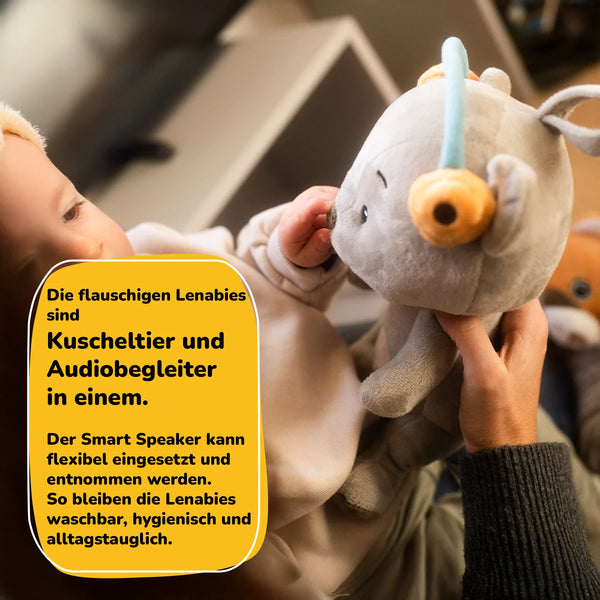 Lenabo Starter Kit mit Lenabie Aaron (Bär) und Lenabo Smart Speaker – Audio-Kuscheltier und Audiobegleiter in einem, Smart Speaker flexibel einsetzbar und entnehmbar, waschbares und hygienisches Kuscheltier für Babys und Kinder ab 0 Jahren, sicheres Audiosystem ohne Bildschirm und Mikrofon