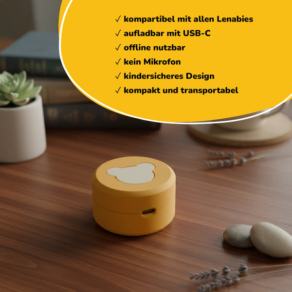 Lenabo Smart Speaker – kompaktes, kindersicheres Audiomodul kompatibel mit allen Lenabie Charakteren, per USB-C aufladbar, offline nutzbar und ohne Mikrofon, ideal für mobile Nutzung im Alltag, für Geschichten, Musik und Lerninhalte ab Geburt bis ins Schulalter.