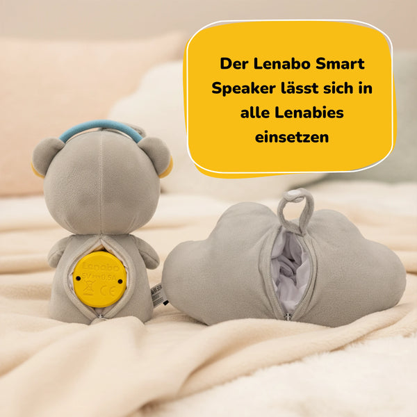 Lenabo Smart Speaker eingesetzt in Lenabie Aaron (Bär) und Lina (Wolke) – mobiler, herausnehmbarer Audio-Kern für alle Lenabies, flexibel austauschbar für individuelles Hörspiel- und Einschlaferlebnis.