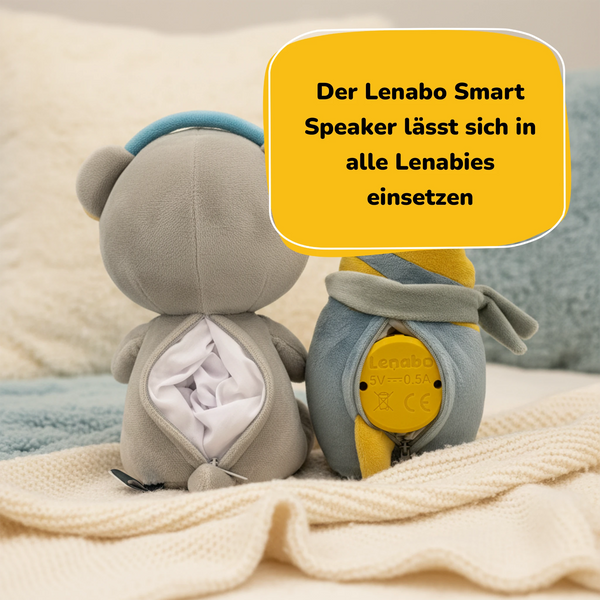 Lenabo Smart Speaker eingesetzt in Lenabie Aaron (Bär) und Nalu (Surfboard) – mobiler, herausnehmbarer Audio-Kern für alle Lenabies, flexibel austauschbar für individuelles Hörspiel- und Audioerlebnis.
