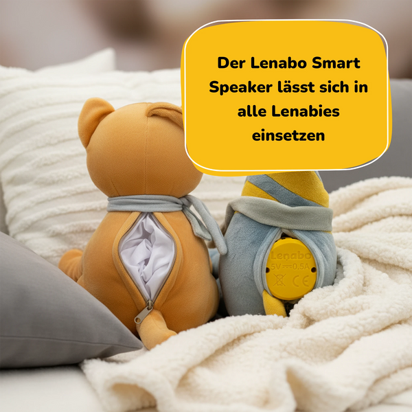 Rückansicht des Lenabo Starter Kits mit Lenabie Tali (Puma) und Lenabie Nalu (Surfboard) – integrierbarer Lenabo Smart Speaker per Reißverschluss einsetzbar, modulares Hörspiel-Kuscheltier für Babys und Kinder ab 0 Jahren.