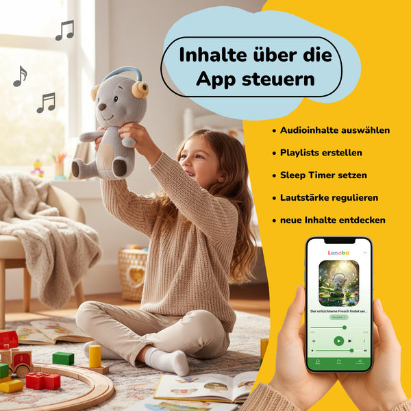Lenabo Starter Kit mit Lenabie Aaron (Bär) und Lenabo Smart Speaker – Inhalte bequem über die Lenabo App steuern, Audioinhalte auswählen, Playlists erstellen, Sleep Timer setzen und Lautstärke regulieren, kindgerechtes Audiosystem für Hörspiele, Musik und Gute-Nacht-Geschichten ohne Bildschirm