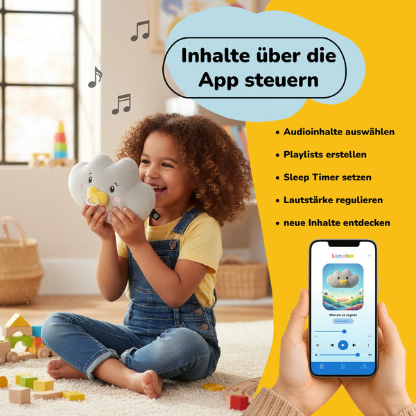 Lenabie Lina (Wolke) Kuscheltier mit App-Steuerung – Audioinhalte über die Lenabo App auswählen, Playlists erstellen und Sleep Timer steuern, mitwachsendes Smart Toy von 0–7 Jahren