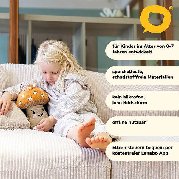 Lenabo Starter Kit mit Lenabie Felix (Pilz) und Smart Speaker – sicheres Audio-Kuscheltier für Kinder von 0–7 Jahren, speichelfest und schadstofffrei, ohne Mikrofon oder Bildschirm, offline nutzbar und steuerbar per kostenloser Lenabo App