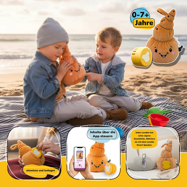 Kinder spielen am Strand mit Lenabie Mia (Muschel) aus dem Lenabo Starter Kit im 2er Bundle – interaktives Hörspiel-Kuscheltier für 0–7+ Jahre mit mobilem Lenabo Smart Speaker, App-Steuerung und 60+ Minuten Audioinhalt pro Lenabie.