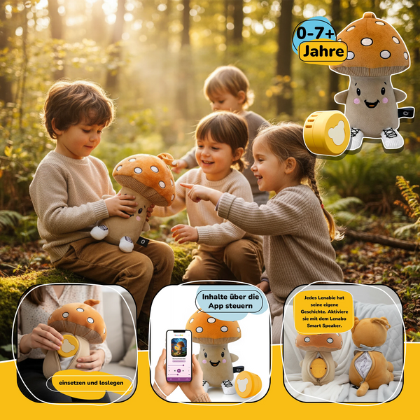 Kinder spielen im Wald mit Lenabie Felix (Pilz) aus dem Lenabo Starter Kit – interaktives Hörspiel-Kuscheltier für 0–7+ Jahre mit mobilem Lenabo Smart Speaker, App-Steuerung und 60+ Minuten Audioinhalten pro Lenabie.