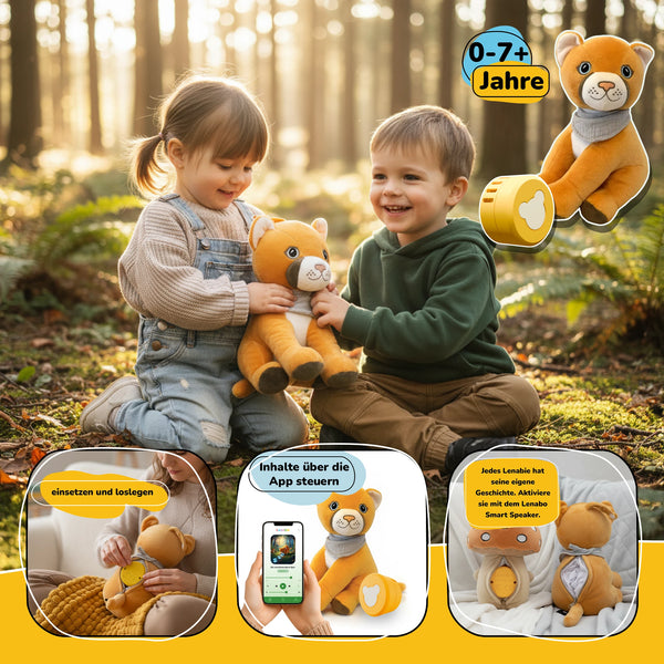 Lenabo Starter Kit 2er Bundle mit Lenabie Tali (Puma) und Felix (Pilz) für Kinder von 0–7+ Jahren – Smart Speaker einsetzen, Audioinhalte per App steuern und jede Lenabie mit 60+ Minuten Hörspielen und Geschichten zum Leben erwecken.